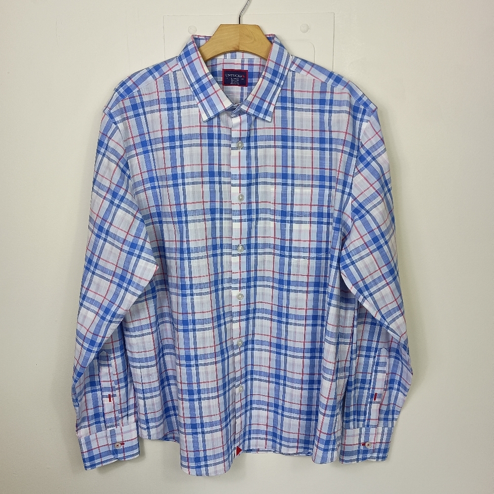 Untuckit Wrinkle Free Shirt Blue Red Plaid XL Reynvaan Button Down Long Sleeve